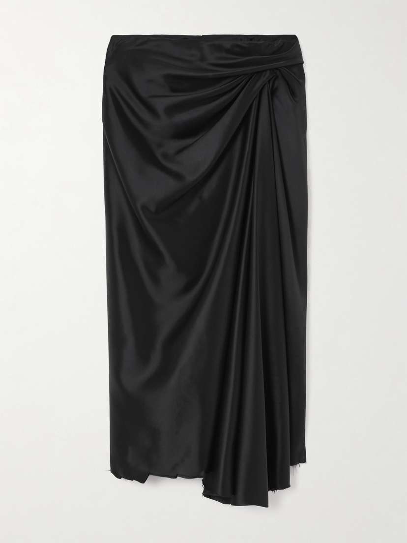 Balenciaga Asymmetric Frayed Gathered Draped Satin Midi Skirt