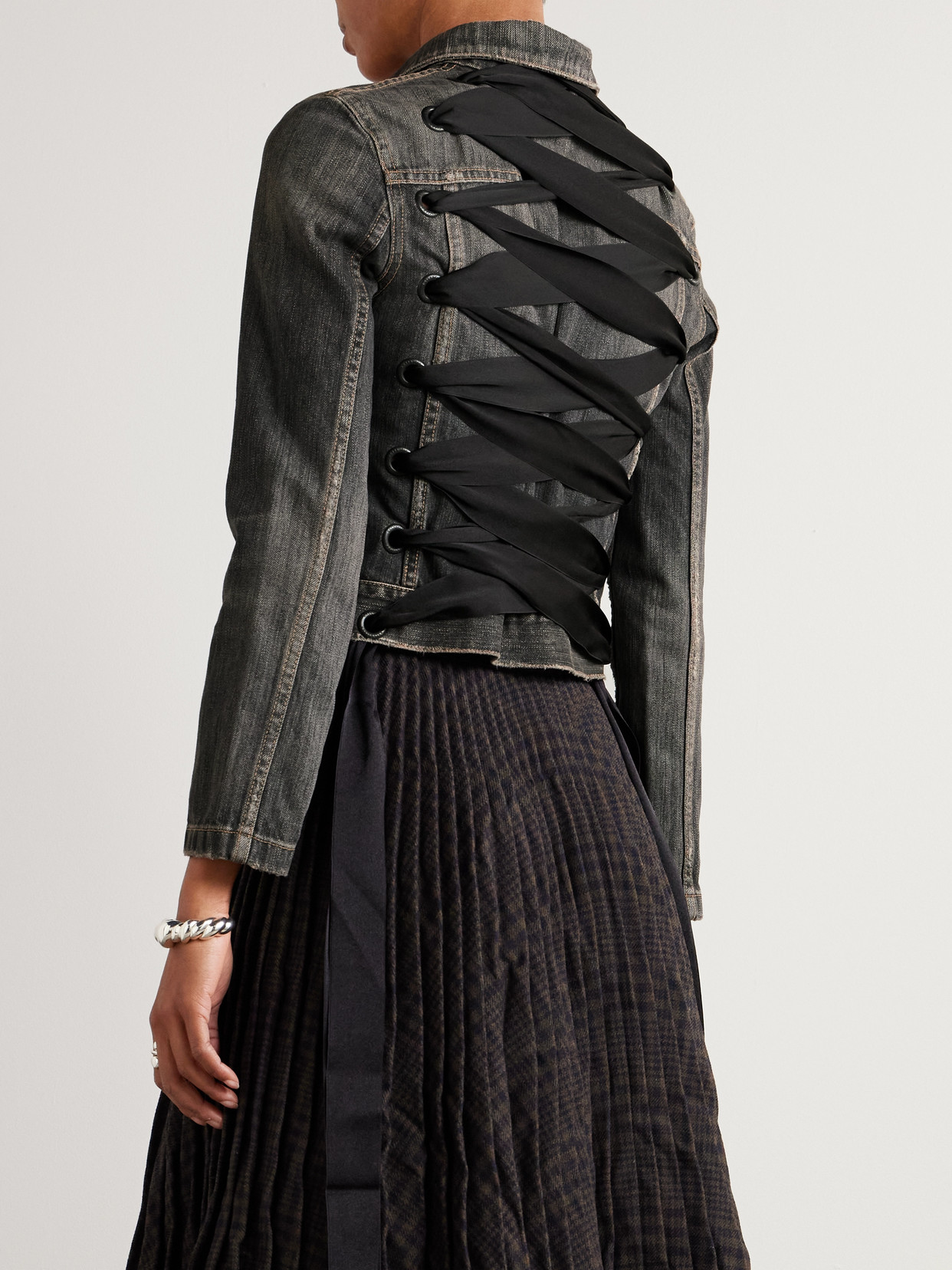 Shop Balenciaga Lace-up Satin-trimmed Denim Jacket