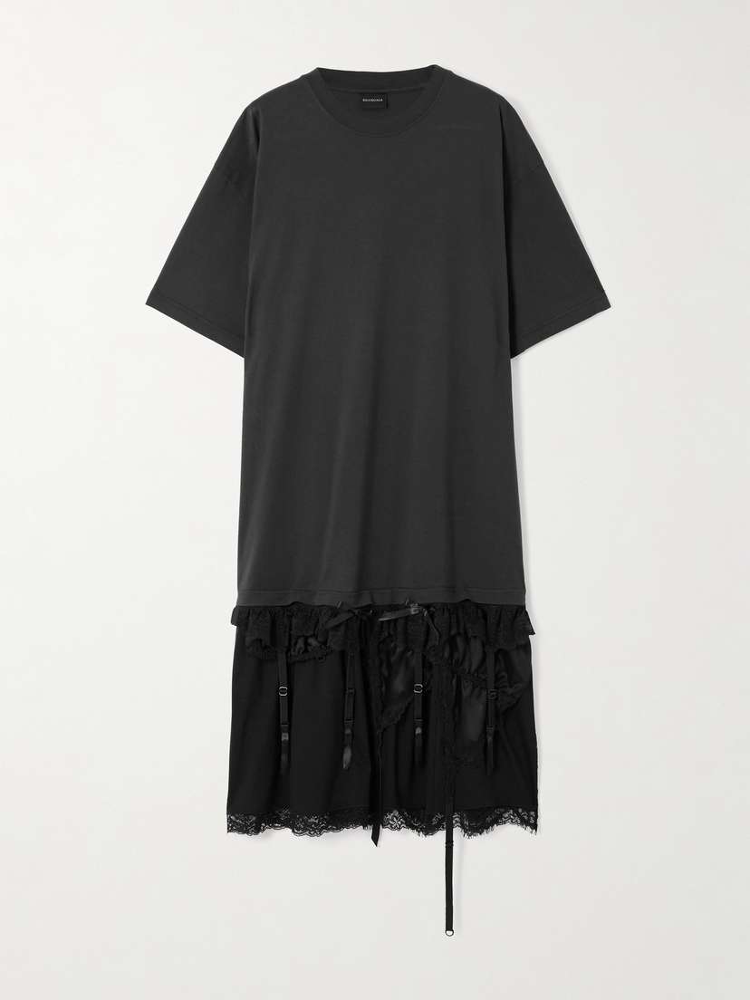 Balenciaga Layered Lace-trimmed Cotton-jersey And Silk-satin Mini Dress