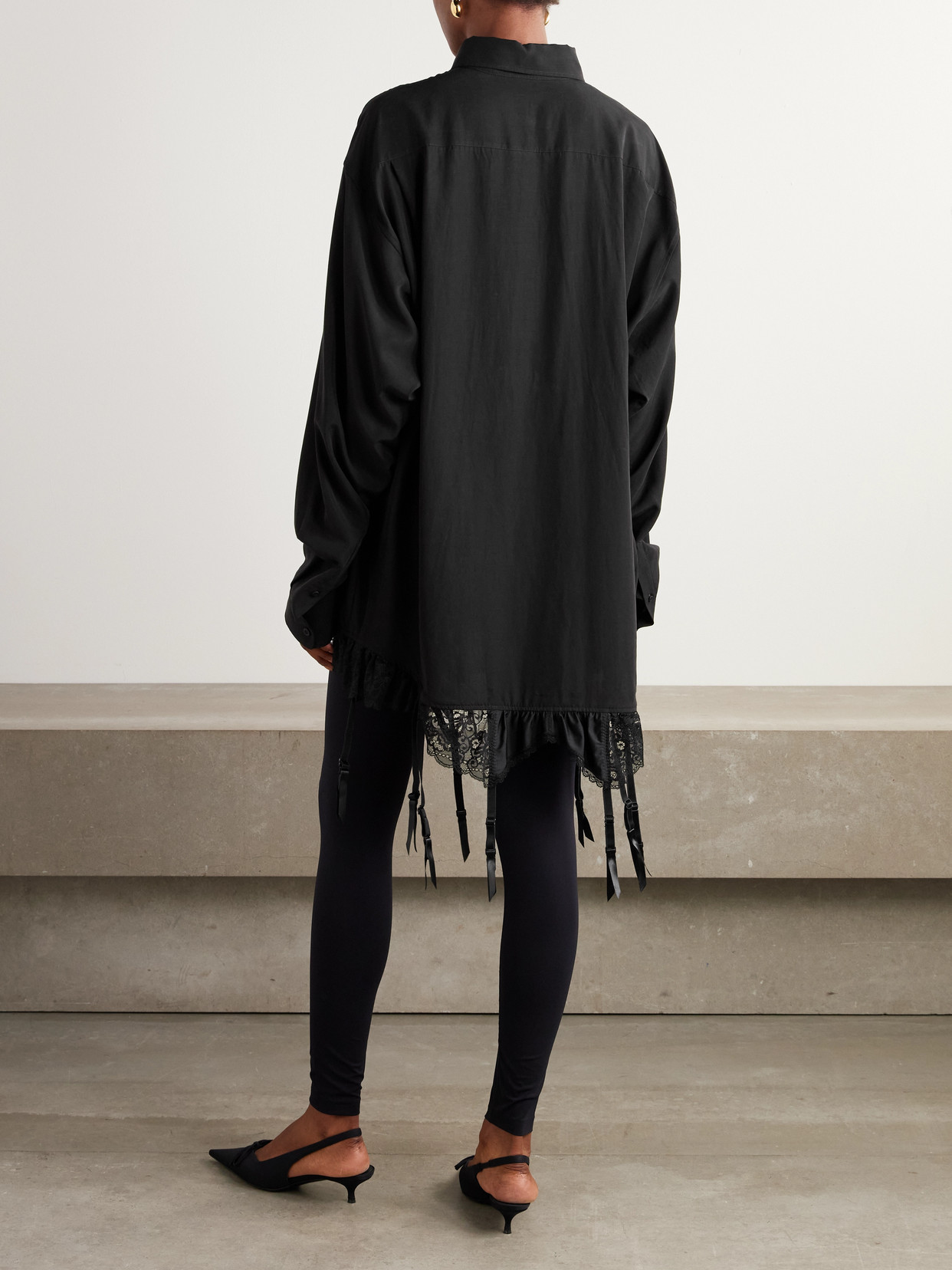 Balenciaga Lingerie Black Sirt With Button-down Collar And Lingerie Detail On The Hem In Tech Fabric Woman In Black