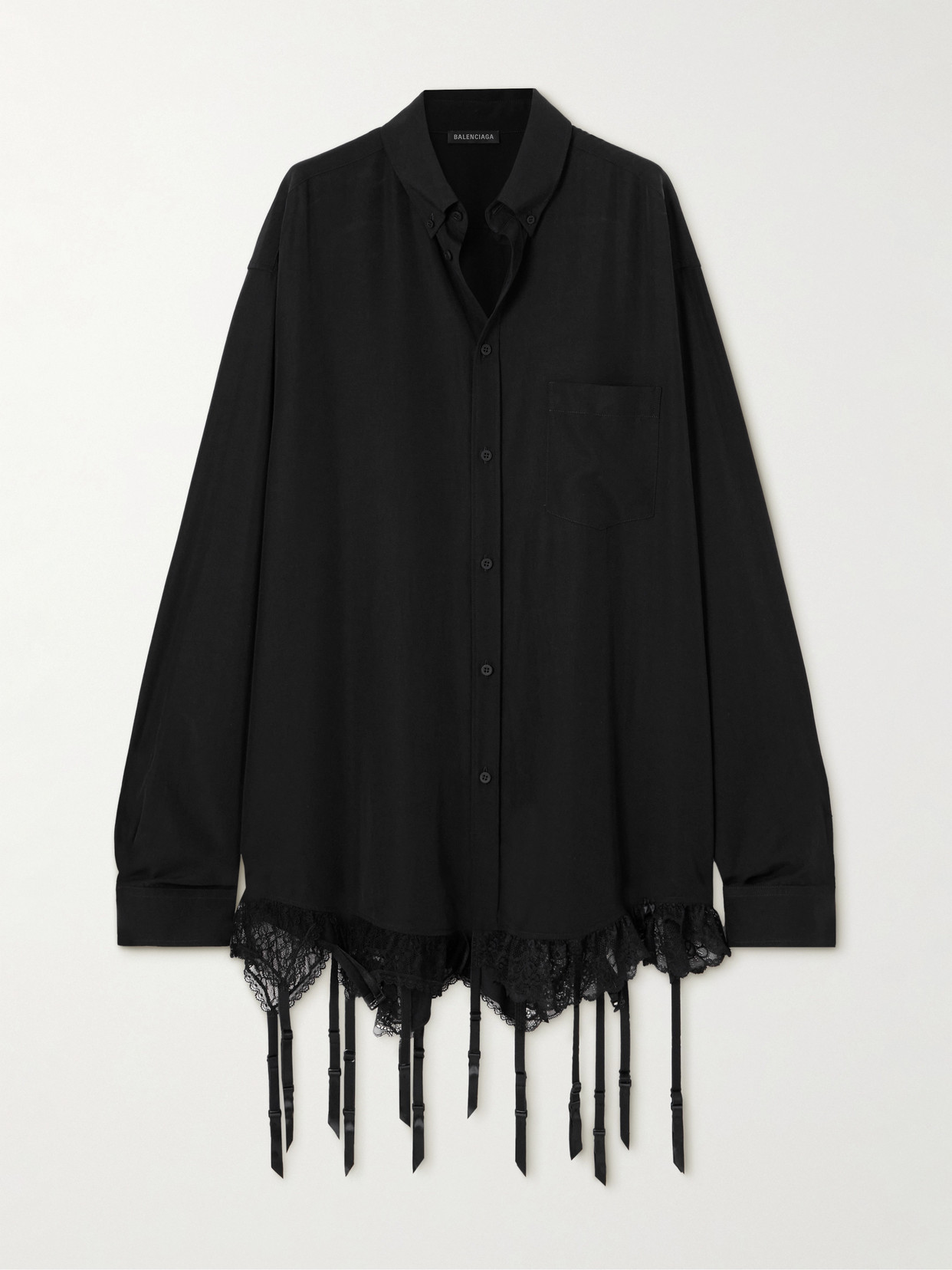 Balenciaga Lingerie Black Sirt With Button-down Collar And Lingerie Detail On The Hem In Tech Fabric Woman In Black