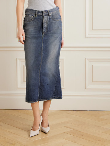 Balenciaga Distressed denim midi skirt