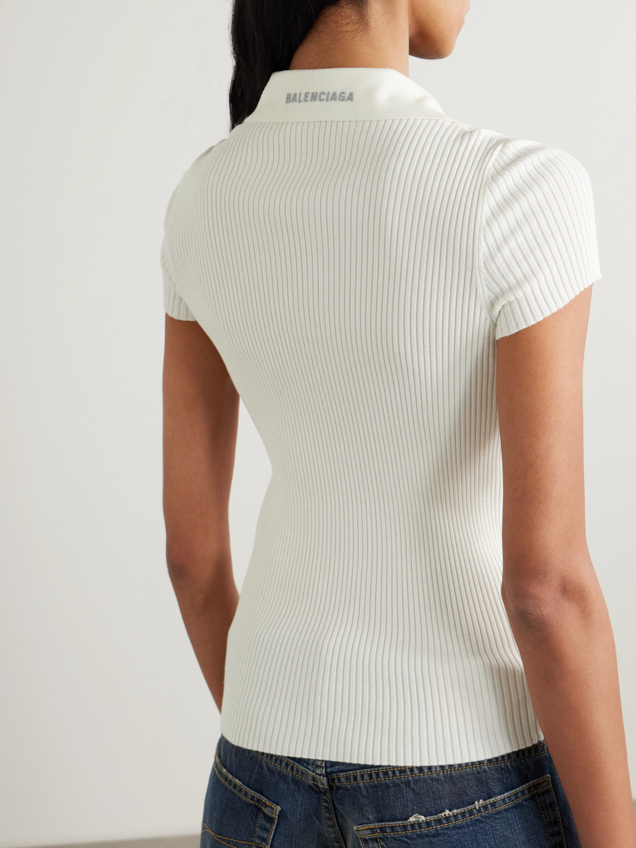 Balenciaga Embroidered Ribbed Wool-blend Polo Shirt In White