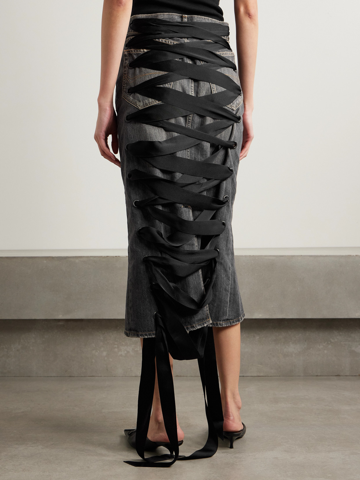 Balenciaga Denim Skirt With Laces Interwining In Multi
