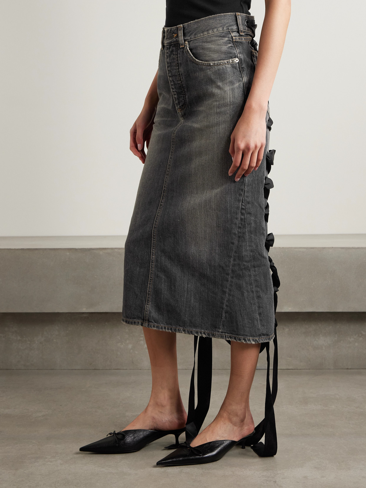 Balenciaga Denim Skirt With Laces Interwining In Multi