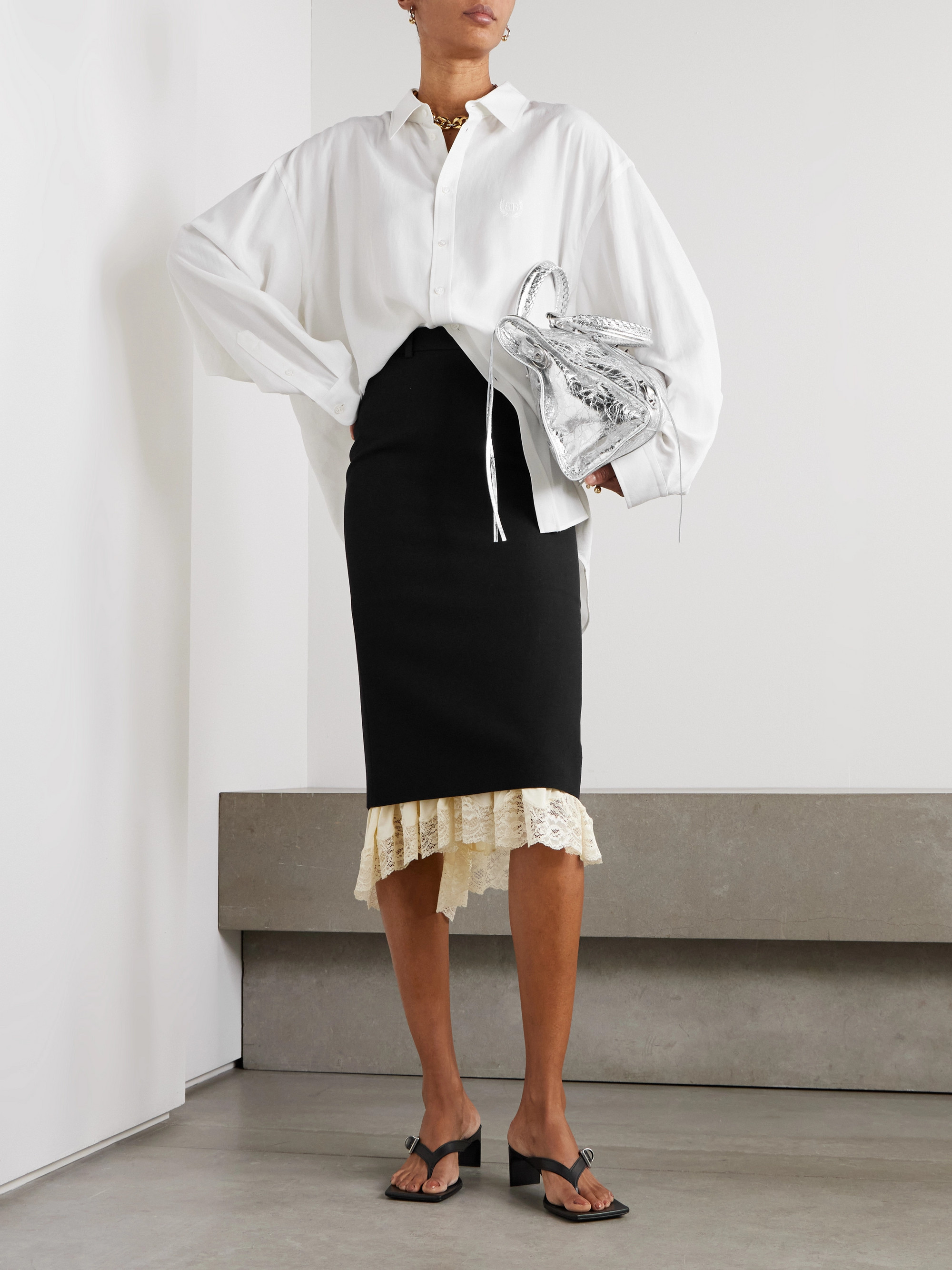 Balenciaga Lace-trimmed wool midi skirt