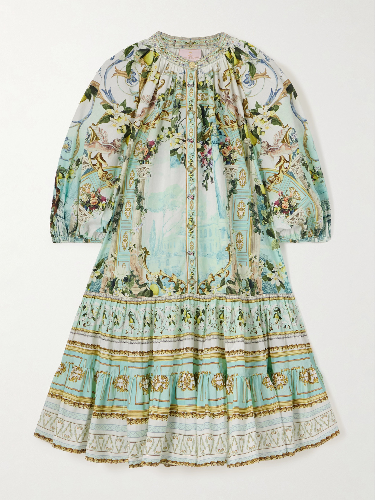Camilla + The White Lotus Tiered Crystal-embellished Printed Organic Cotton-poplin Mini Dress In Blue