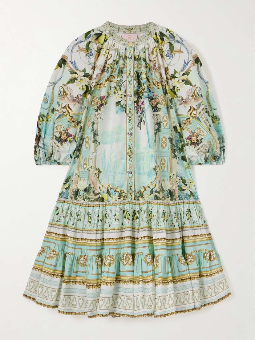 Camilla + The White Lotus Tiered Crystal-embellished Printed Organic Cotton-poplin Mini Dress