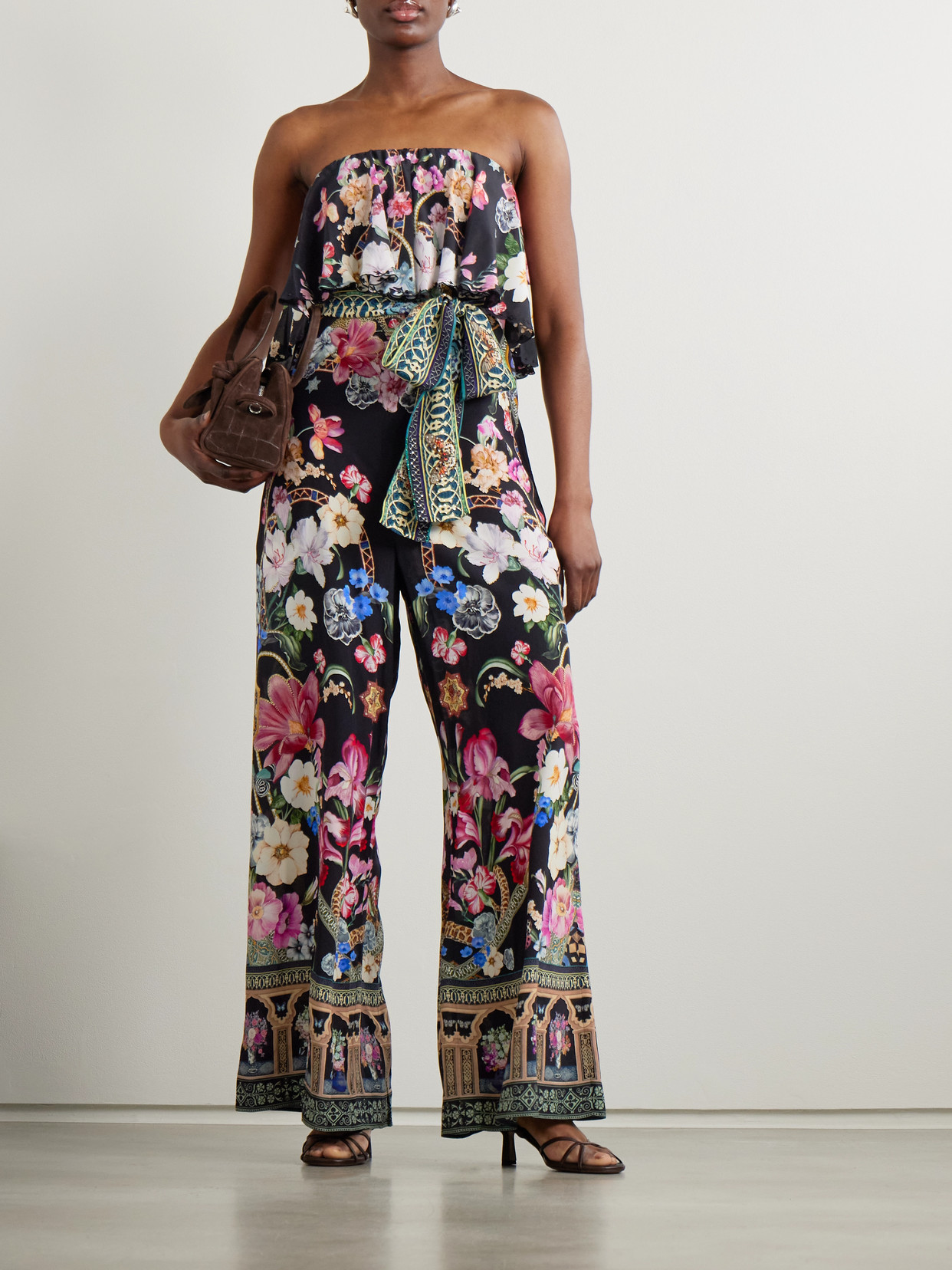 Camilla Strapless Embellished Printed Silk Crepe De Chine Jumpsuit In Black