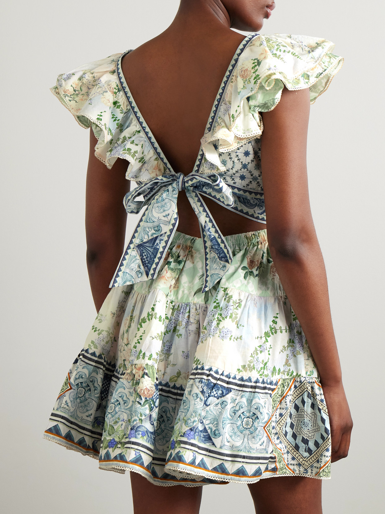 Shop Camilla Cutout Ruffled Printed Organic Cotton Mini Dress In Blue