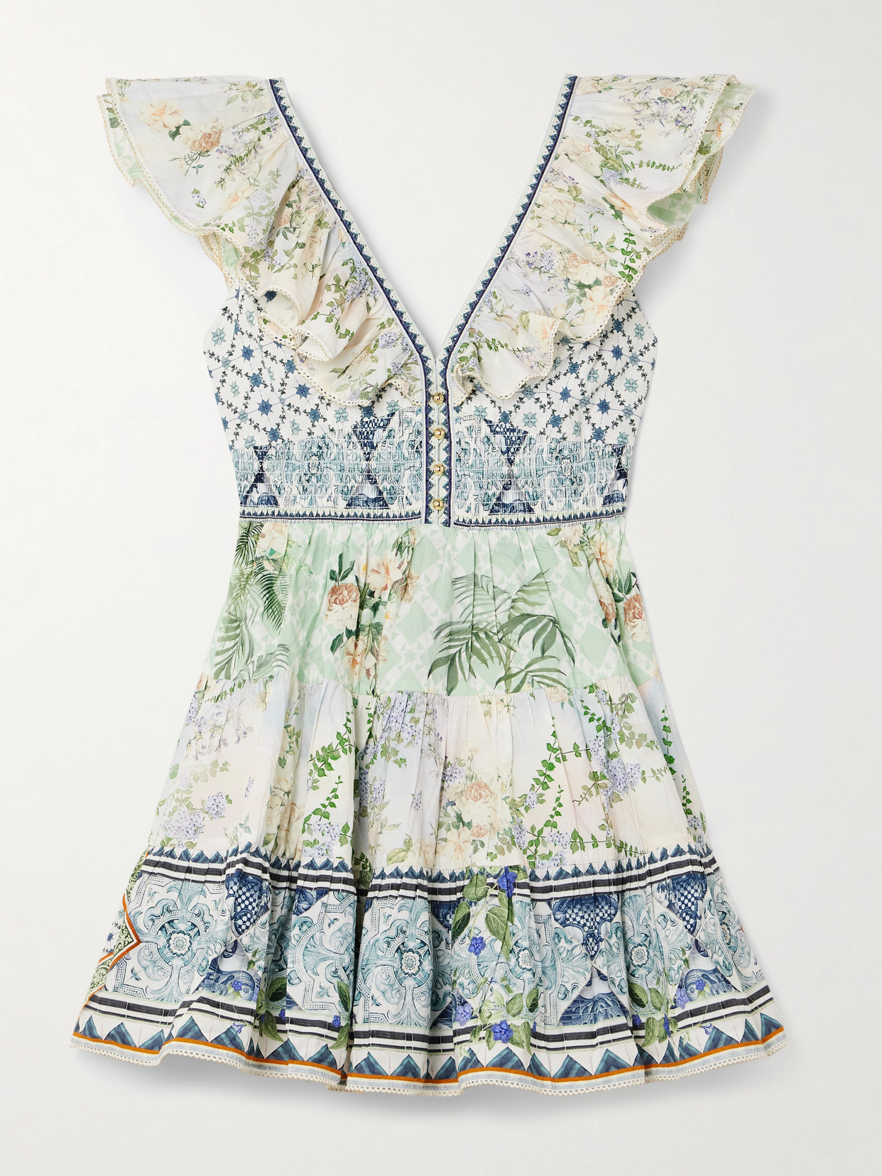 Camilla Cutout Ruffled Printed Organic Cotton Mini Dress In Blue