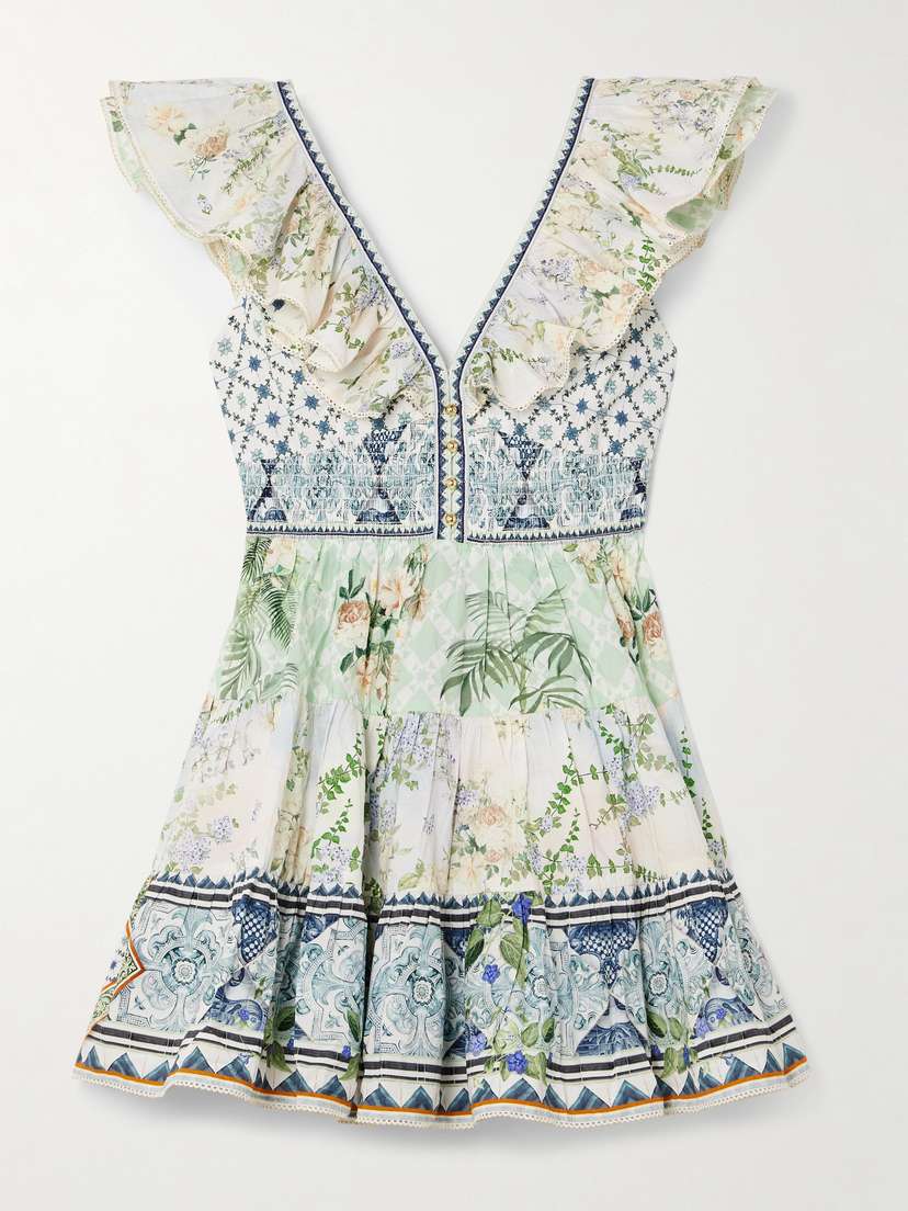 Camilla Cutout Ruffled Printed Organic Cotton Mini Dress