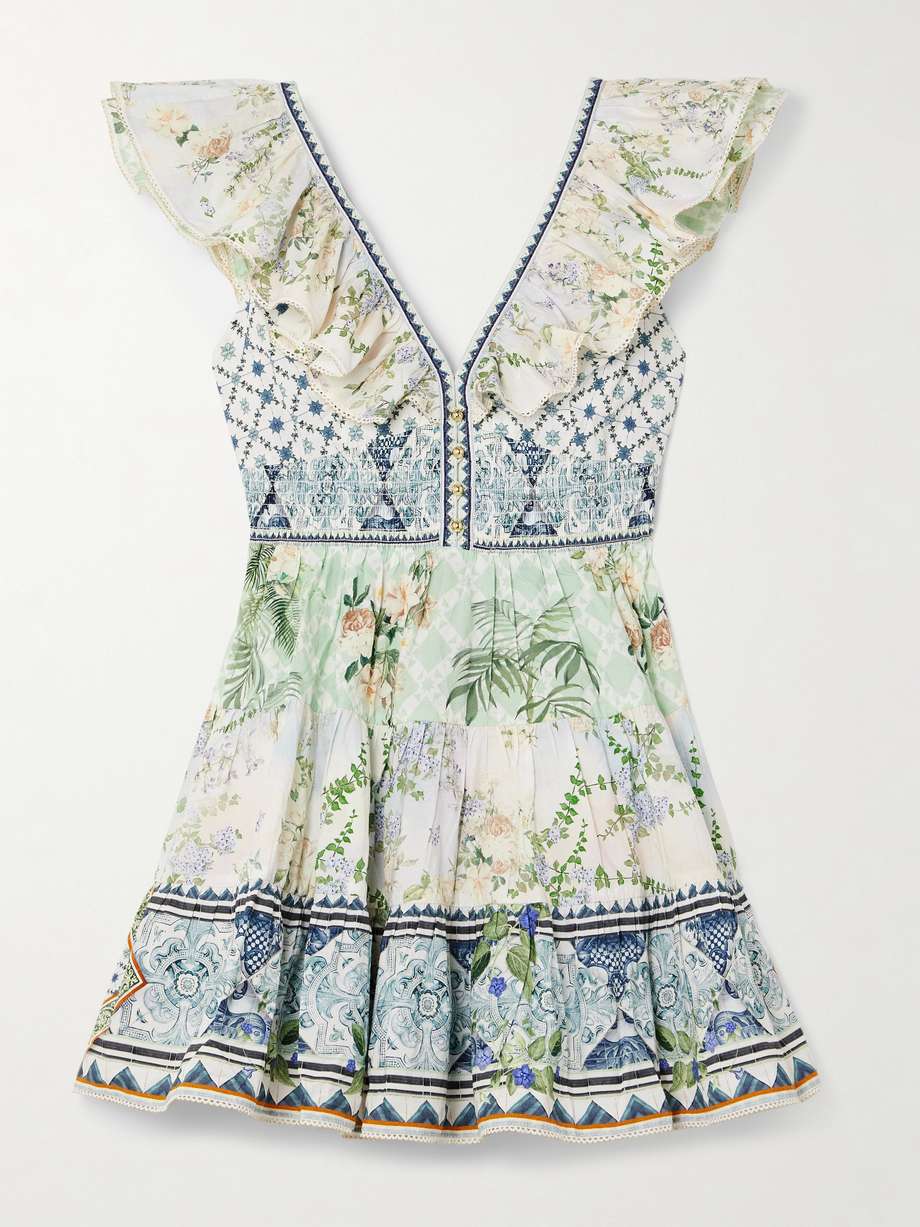 cutout ruffled printed organic cotton mini dress