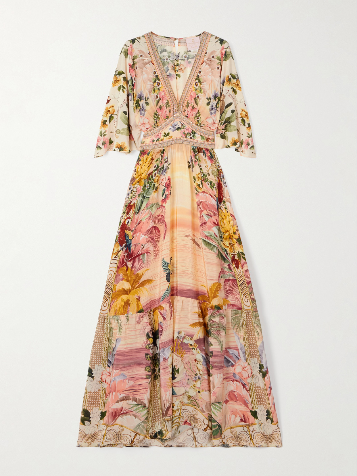 Camilla + The White Lotus Crystal-embellished Printed Silk-satin Maxi Dress In Pink