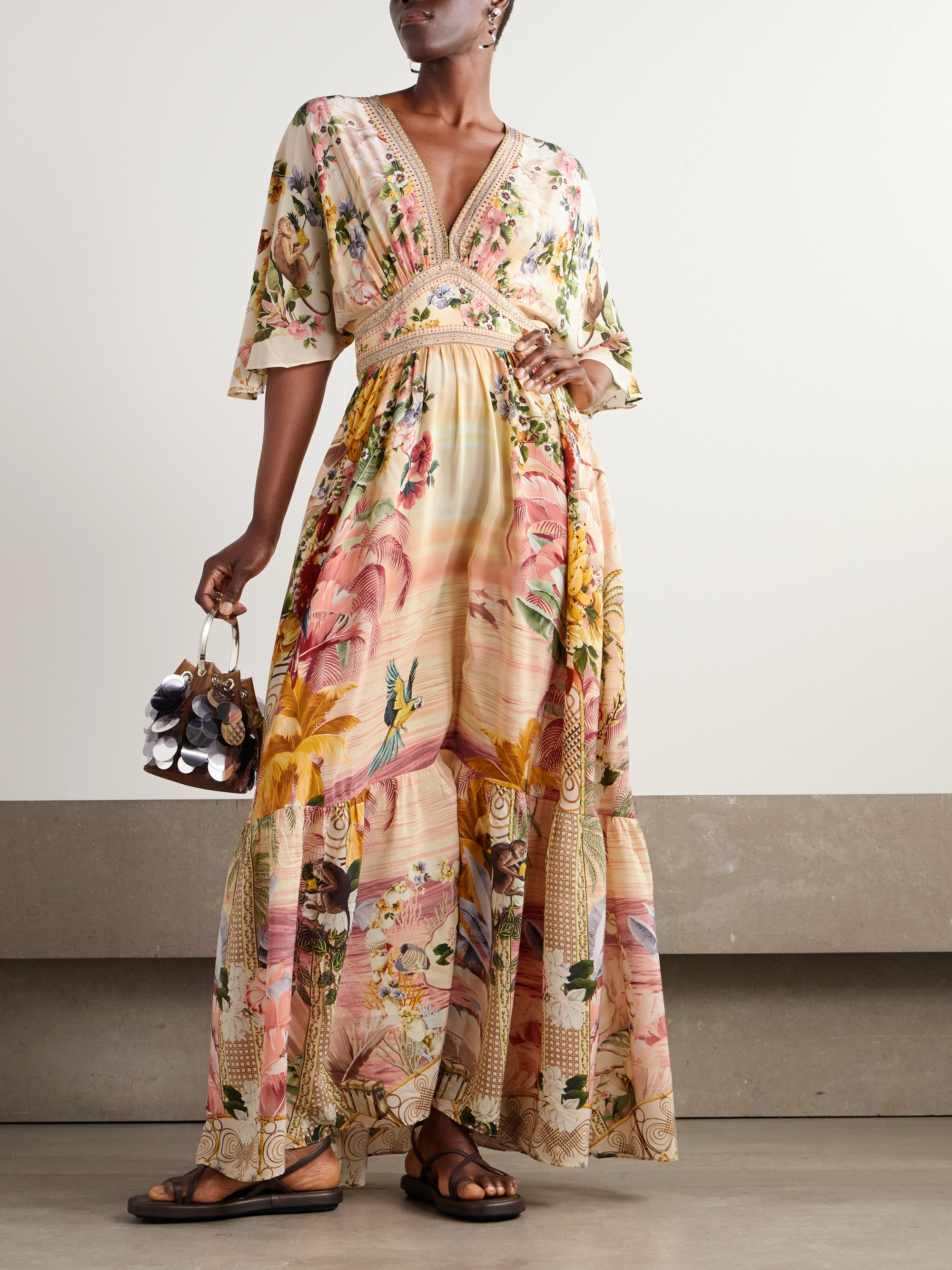 Camilla + The White Lotus crystal-embellished printed silk-satin maxi dress