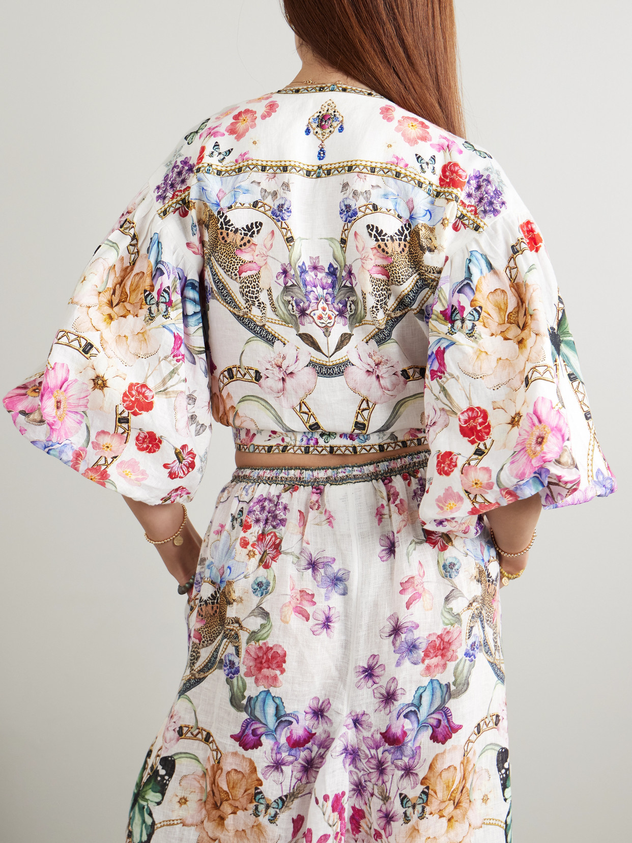 Camilla Monserrate Magic Cropped Tie-front Crystal-embellished Printed Linen Top In White