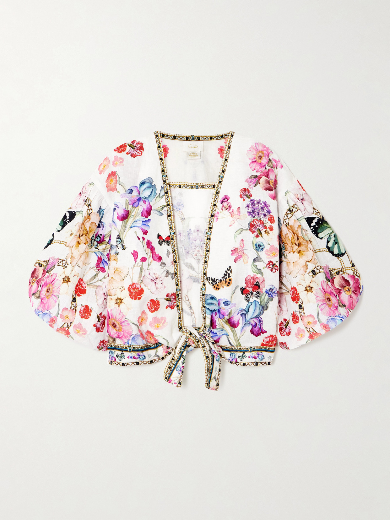 Camilla Monserrate Magic Cropped Tie-front Crystal-embellished Printed Linen Top In White