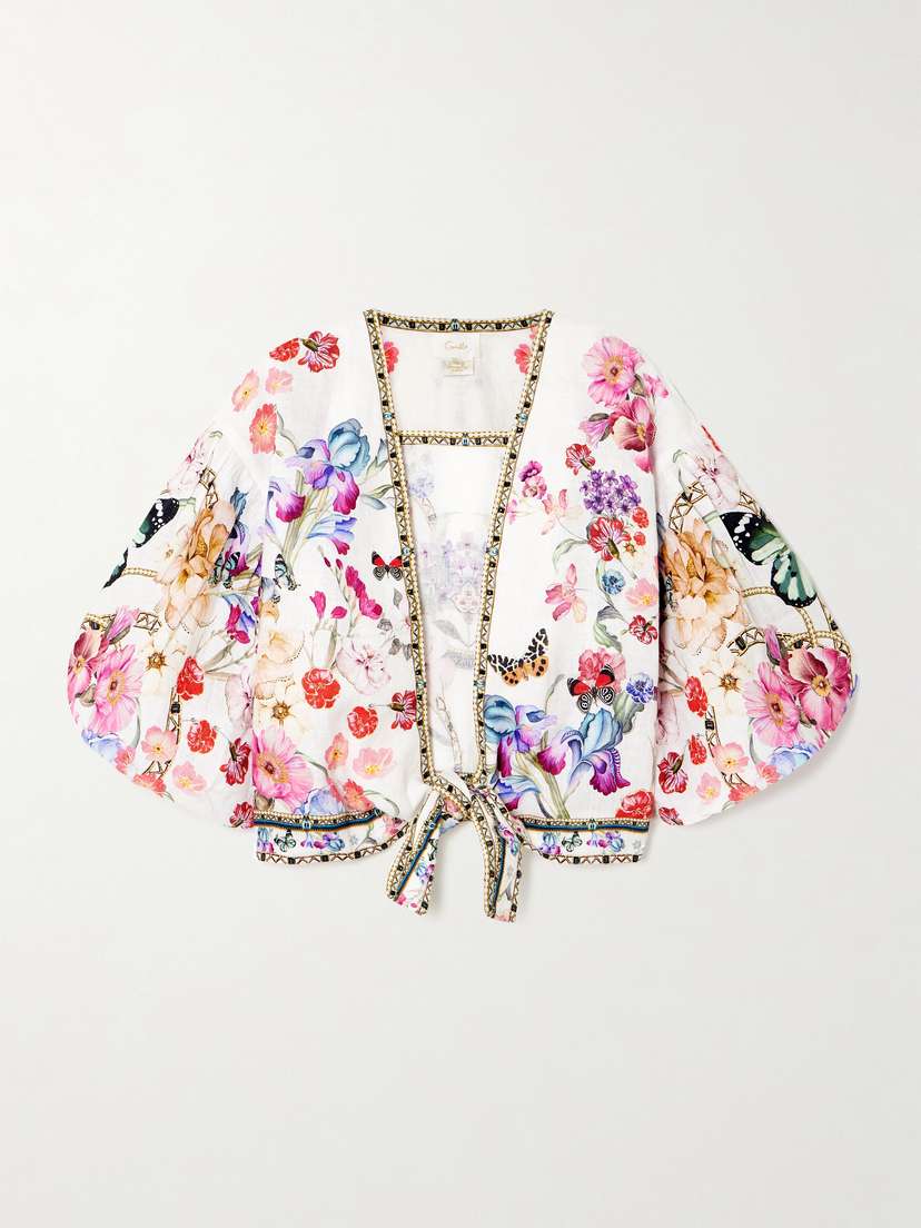 Camilla Monserrate Magic Cropped Tie-front Crystal-embellished Printed Linen Top