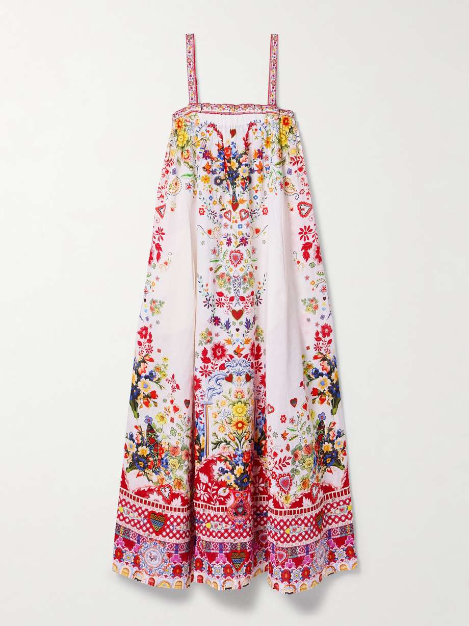 crystal-embellished printed linen maxi dress