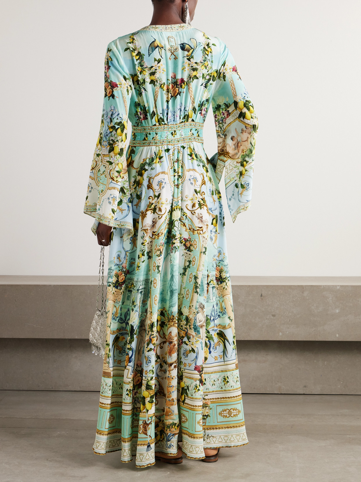 Shop Camilla + The White Lotus Crystal-embellished Printed Silk-satin Maxi Dress In Blue