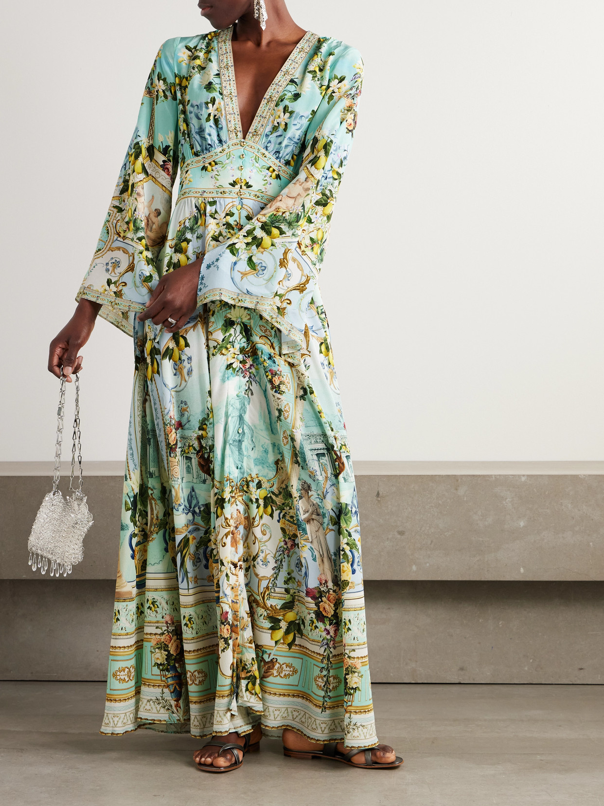 Shop Camilla + The White Lotus Crystal-embellished Printed Silk-satin Maxi Dress In Blue