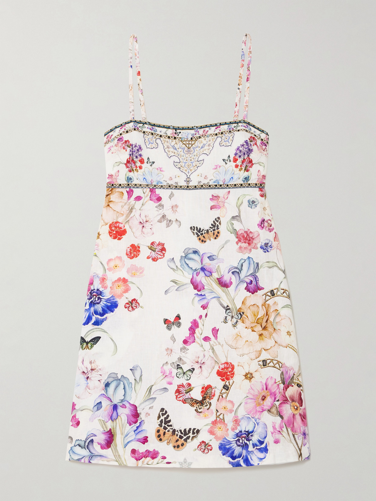 Camilla - Embellished Floral-print Linen Mini Dress - White