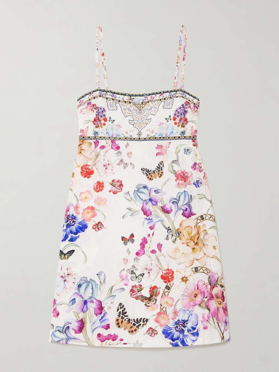 embellished floral-print linen mini dress