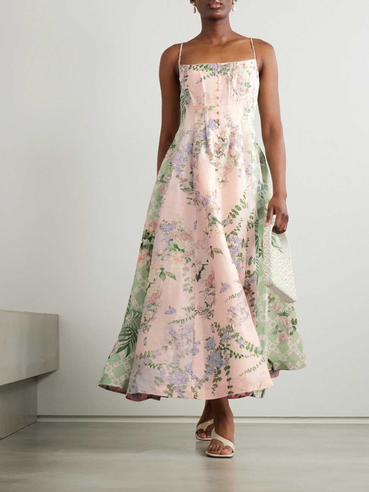 Camilla Embellished Floral-print Linen And Silk-blend Midi Dress In Pink