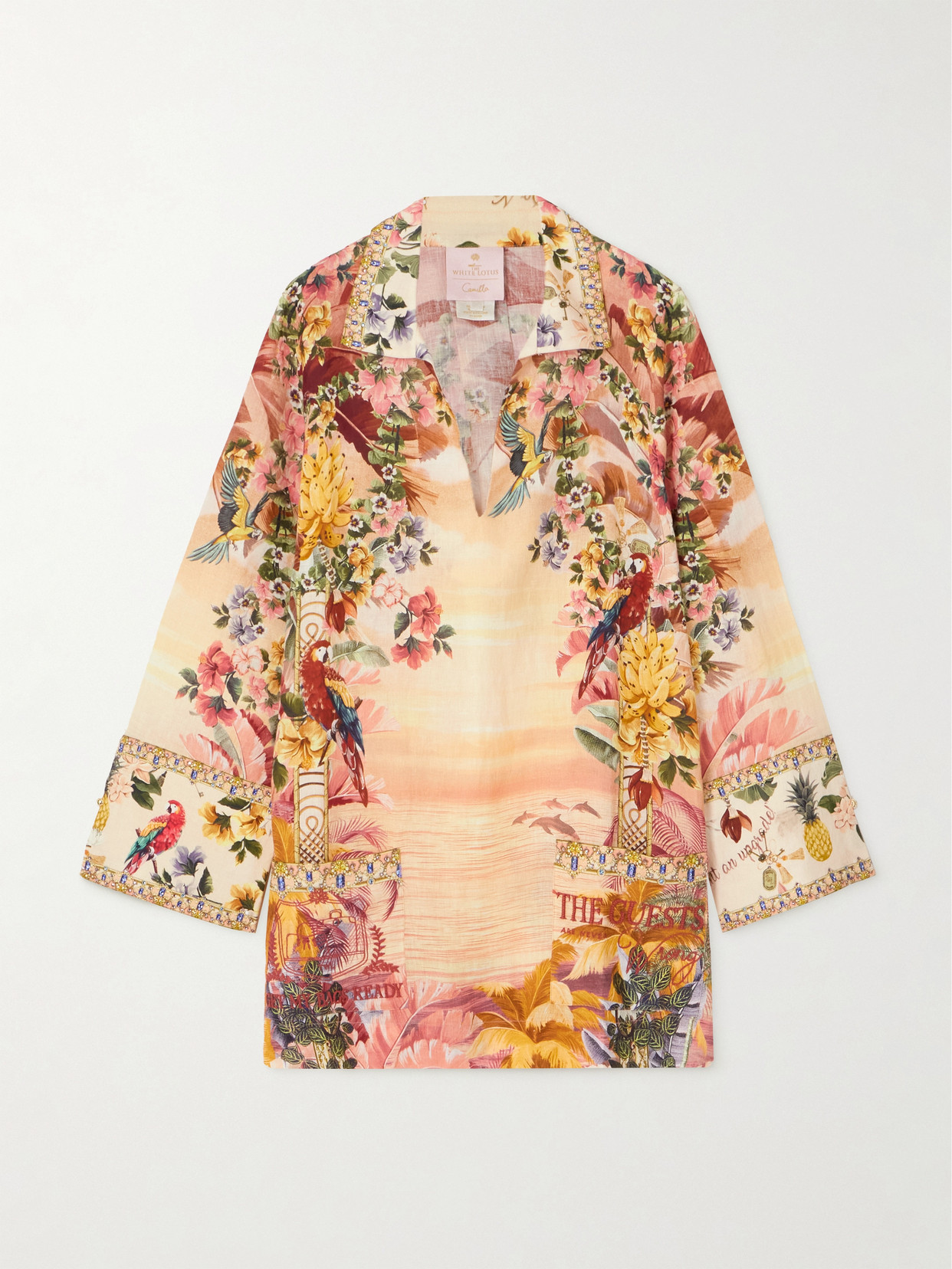 Camilla + The White Lotus Crystal-embellished Printed Linen Mini Dress In Neutrals