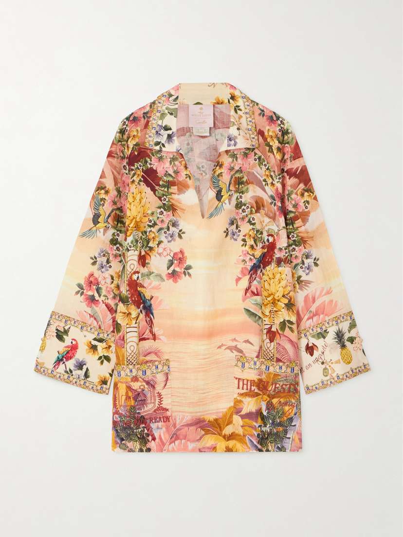 Camilla + The White Lotus Crystal-embellished Printed Linen Mini Dress