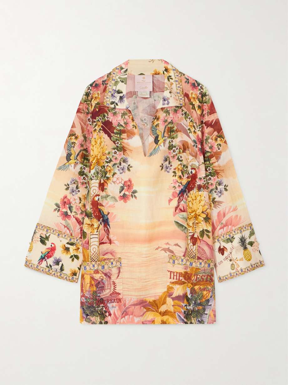 + the white lotus crystal-embellished printed linen mini dress