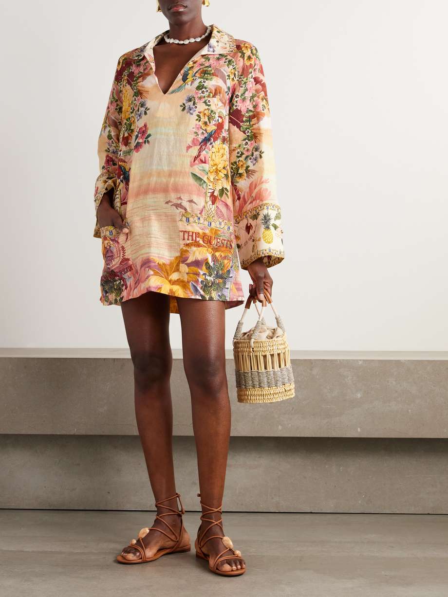 + the white lotus crystal-embellished printed linen mini dress