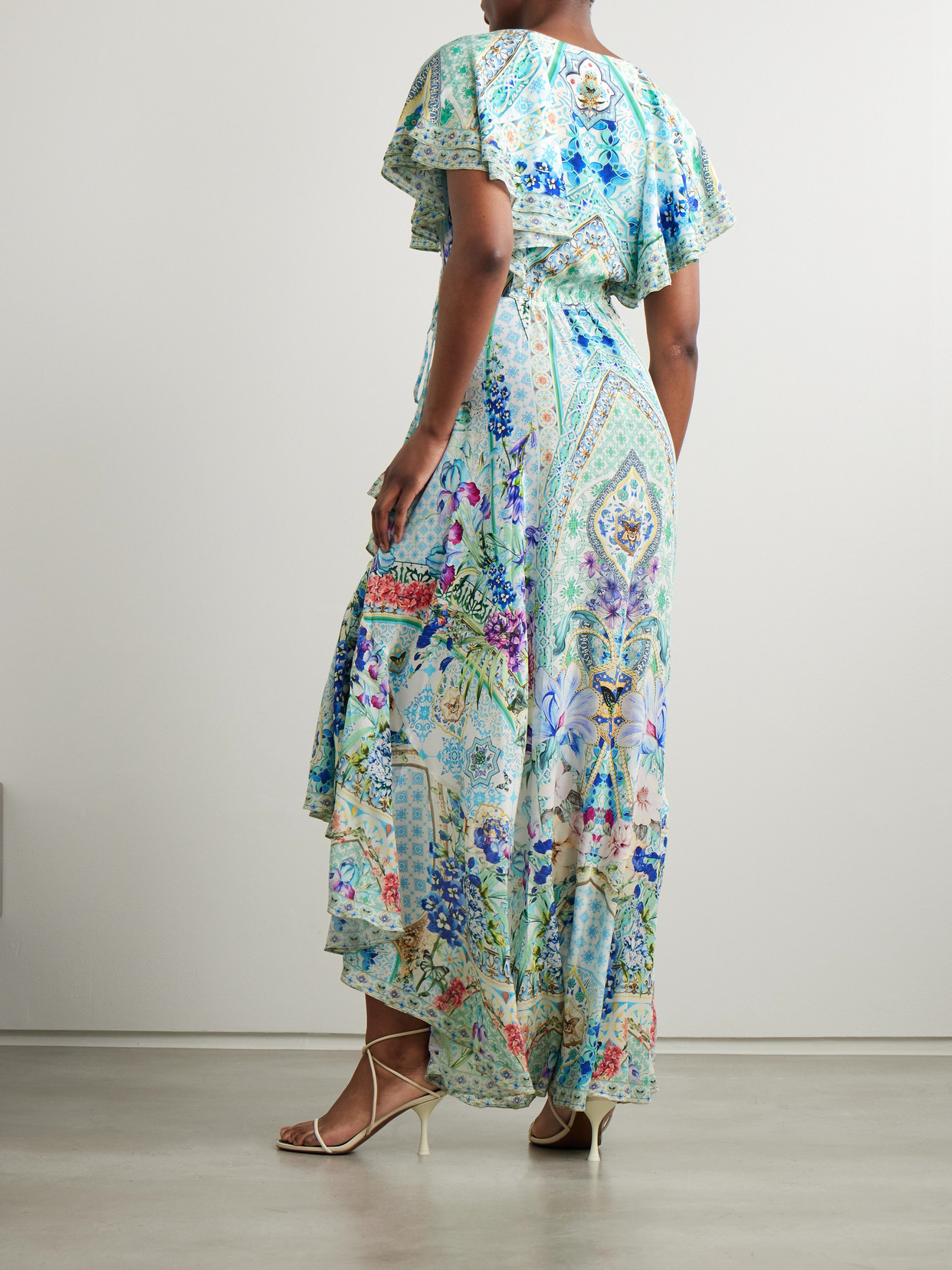 Shop Camilla Asymmetric Crystal-embellished Ruffled Silk Maxi Wrap Dress In Blue