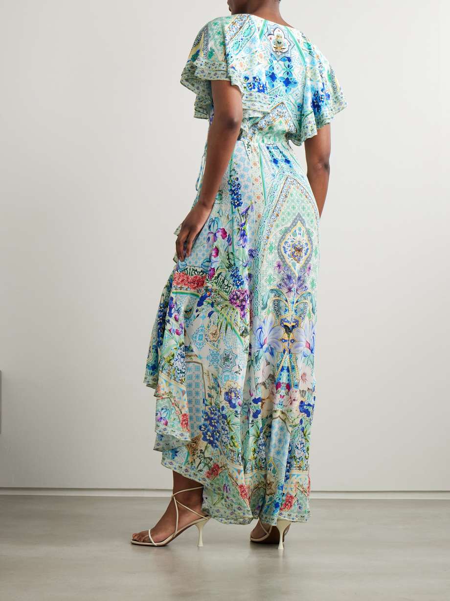 asymmetric crystal-embellished ruffled silk maxi wrap dress