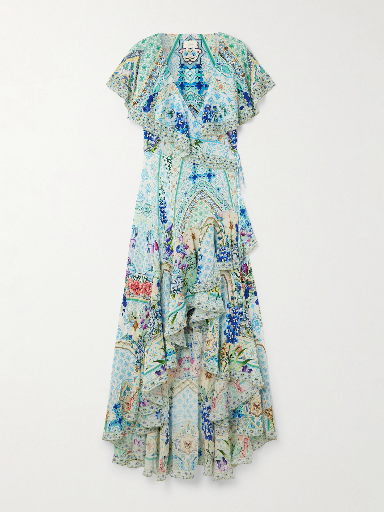 Camilla Asymmetric Crystal-embellished Ruffled Silk Maxi Wrap Dress In Blue