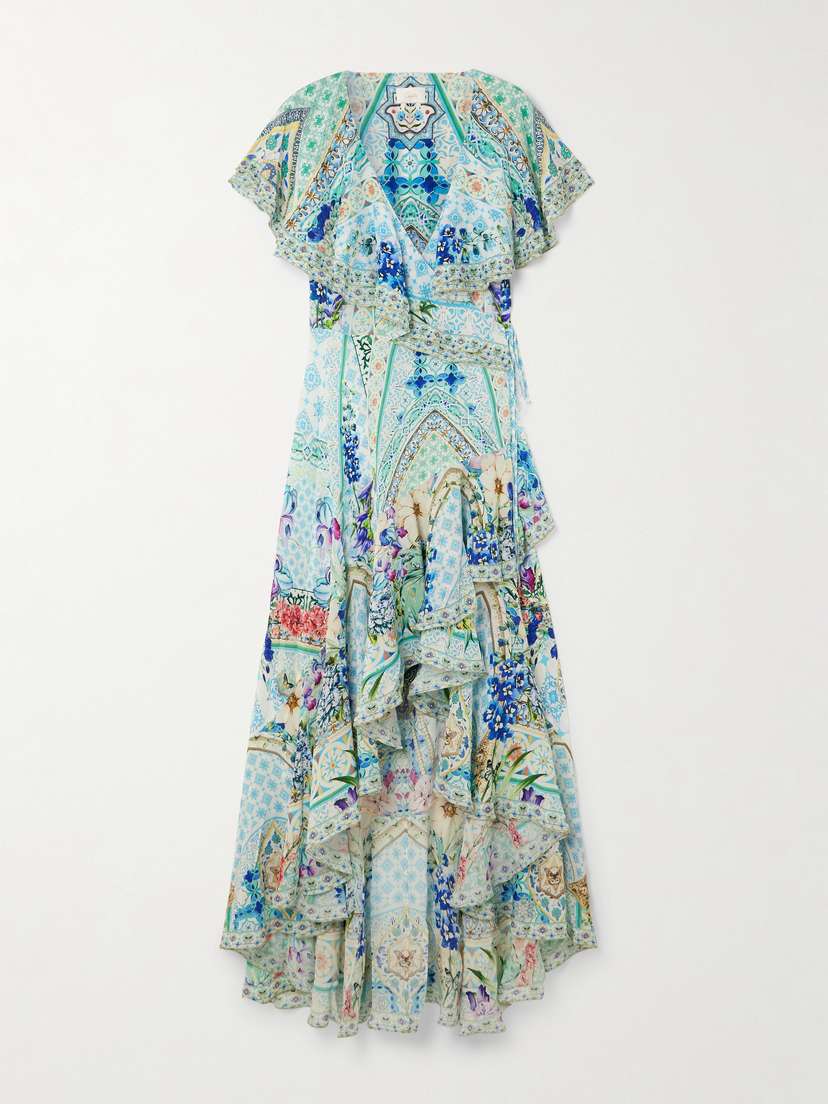 Camilla Asymmetric Crystal-embellished Ruffled Silk Maxi Wrap Dress