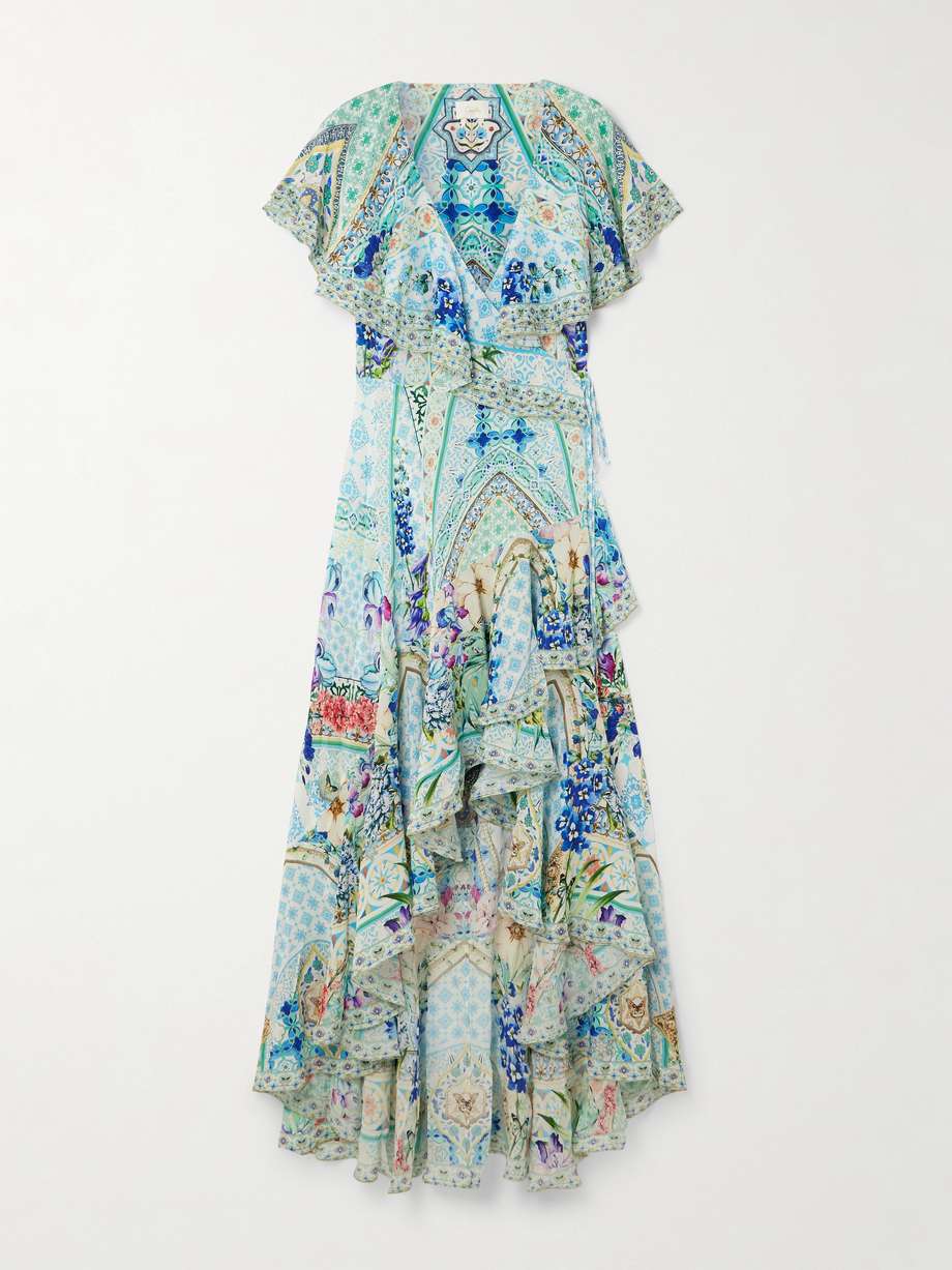 asymmetric crystal-embellished ruffled silk maxi wrap dress