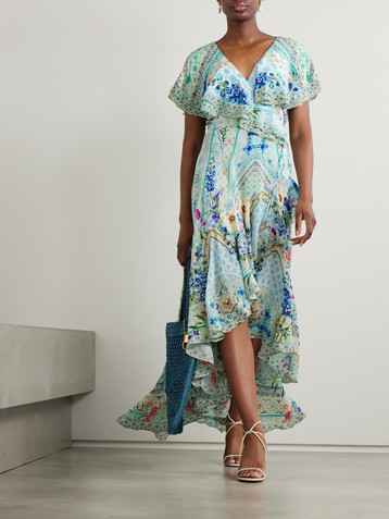 Camilla Asymmetric crystal-embellished ruffled silk maxi wrap dress