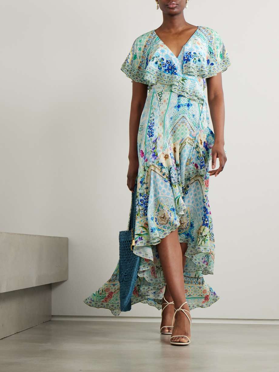 asymmetric crystal-embellished ruffled silk maxi wrap dress