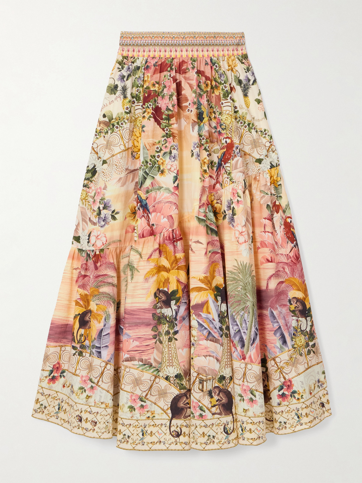 Shop Camilla + The White Lotus Crystal-embellished Printed Linen Maxi Skirt In Pink