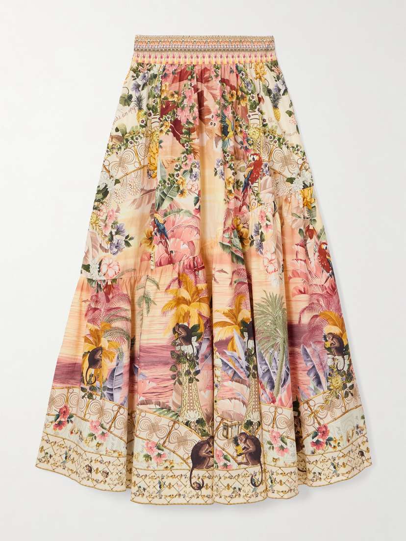 Camilla + The White Lotus Crystal-embellished Printed Linen Maxi Skirt