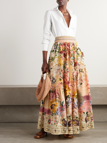 Camilla + The White Lotus crystal-embellished printed linen maxi skirt