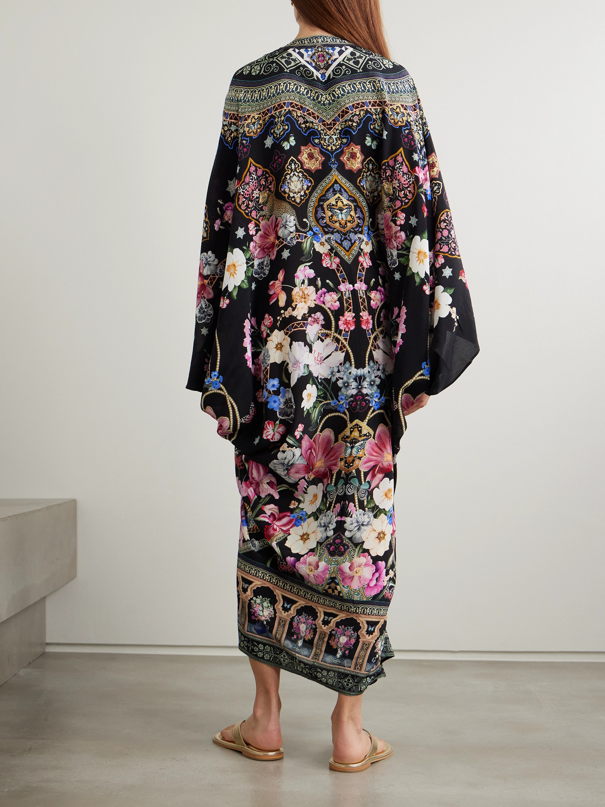 Camilla Midnight In Monserrate Crystal-embellished Printed Silk-crepe Kaftan In Black