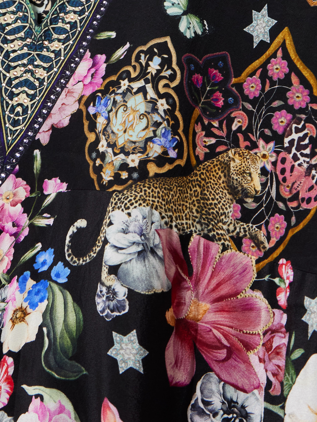 Camilla Midnight In Monserrate Crystal-embellished Printed Silk-crepe Kaftan In Black