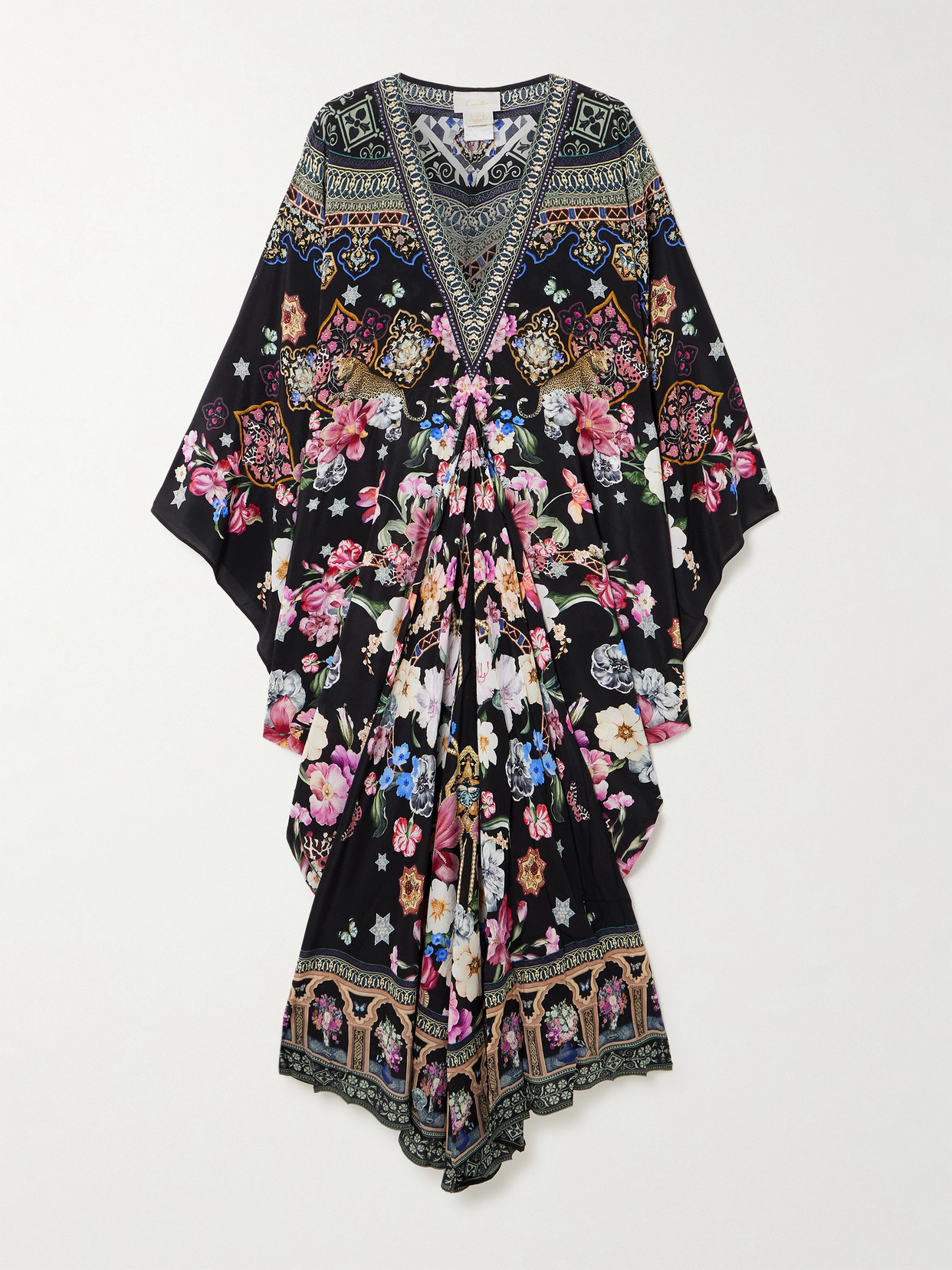 Camilla Midnight In Monserrate Crystal-embellished Printed Silk-crepe Kaftan In Multi