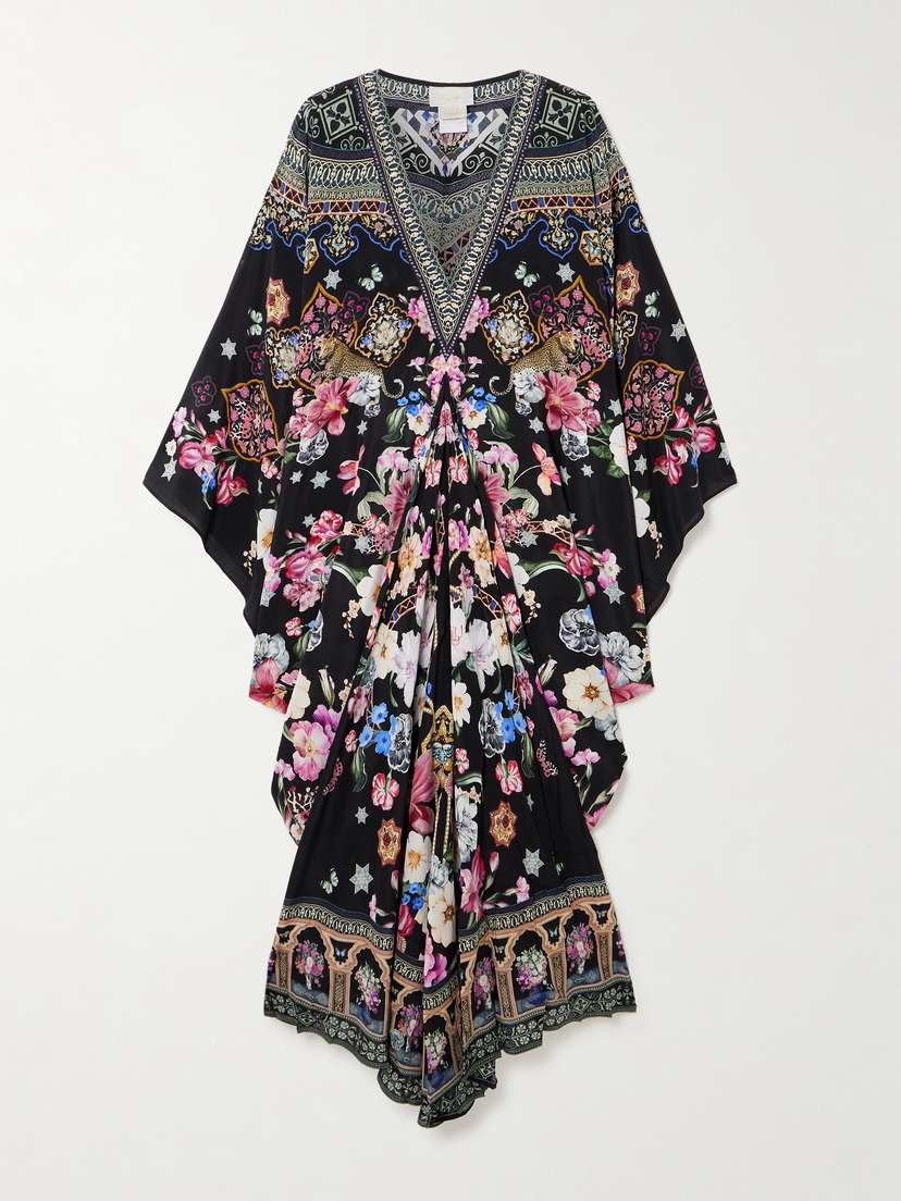 Camilla Midnight In Monserrate Crystal-embellished Printed Silk-crepe Kaftan