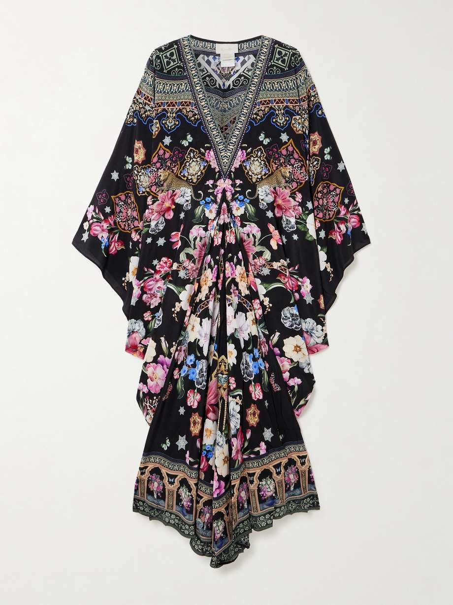 midnight in monserrate crystal-embellished printed silk-crepe kaftan