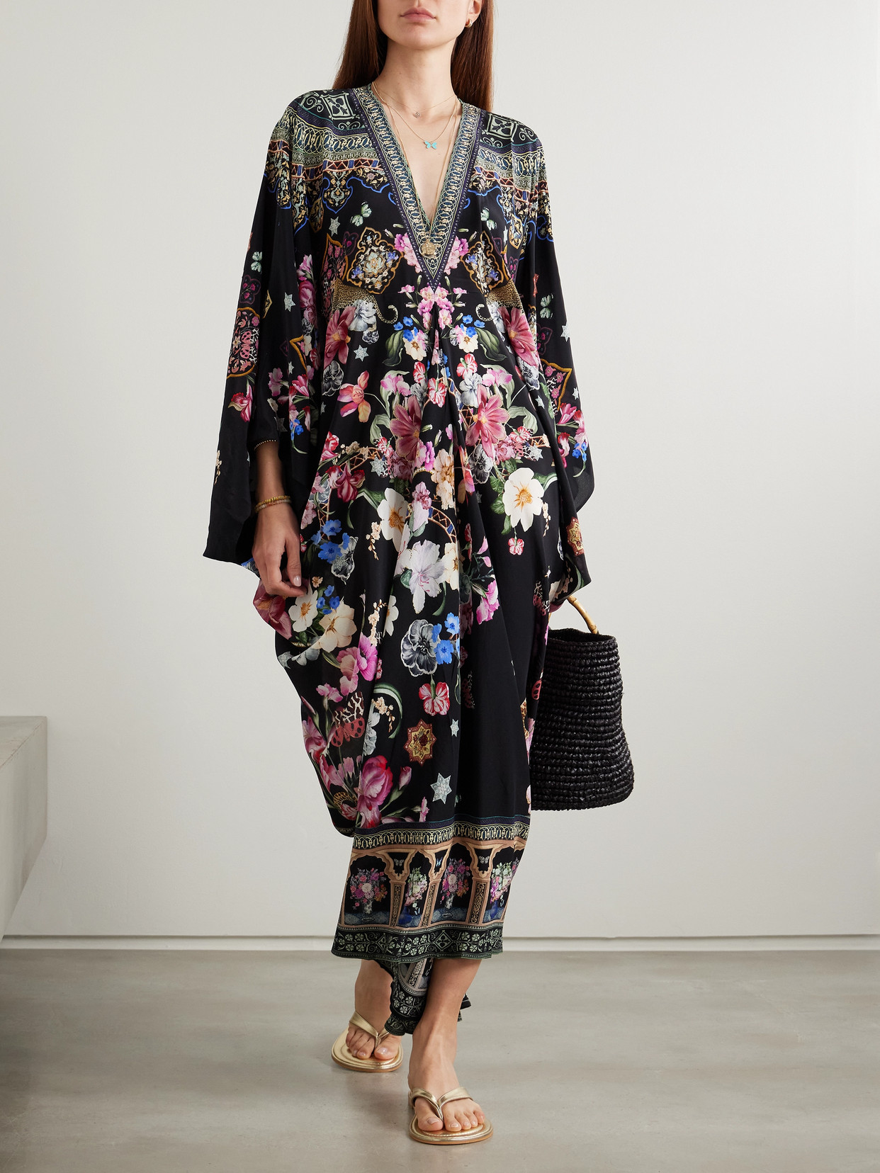Camilla Midnight In Monserrate Crystal-embellished Printed Silk-crepe Kaftan In Black