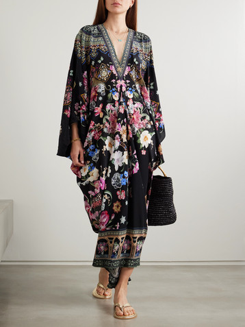 Camilla Midnight in Monserrate crystal-embellished printed silk-crepe kaftan