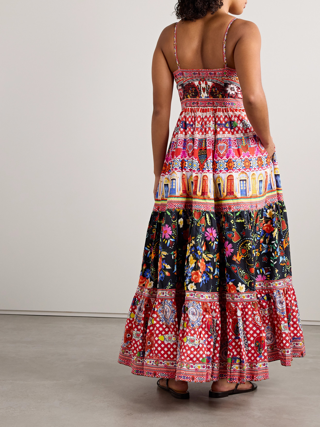 CAMILLA TIERED CRYSTAL-EMBELLISHED PRINTED ORGANIC COTTON-POPLIN MAXI DRESS